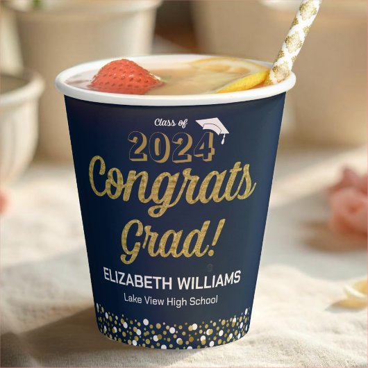 Gobelets En Papier Gold Foil Script Confetti Congrats Grad Blue