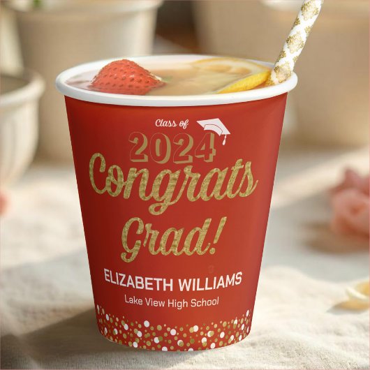 Gobelets En Papier Gold Foil Script Confetti Congrats Grad Red