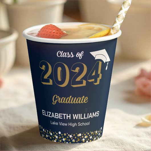 Gobelets En Papier Gold Foil Script Confetti Graduation Party Blue