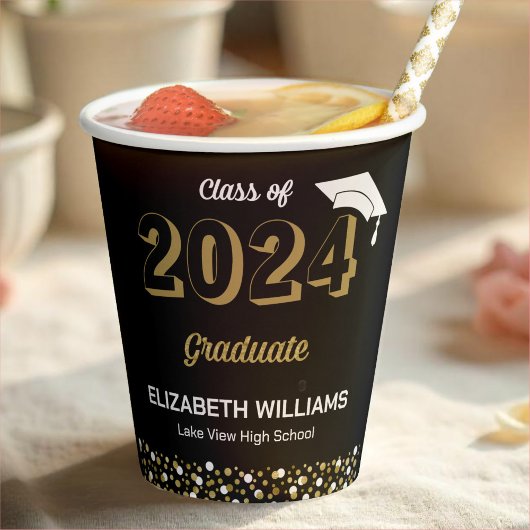 Gobelets En Papier Gold Foil Script Confetti Graduation Party Noir
