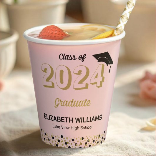 Gobelets En Papier Gold Foil Script Confetti Graduation Party Rose