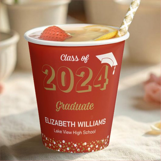 Gobelets En Papier Gold Foil Script Confetti Graduation Party Rouge