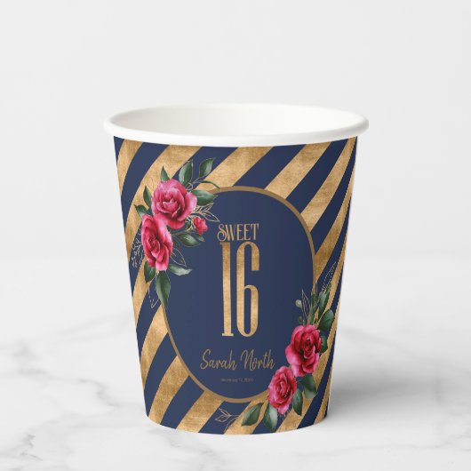 Gobelets En Papier Gold Foil Stripes Floral Navy Blue ID757 (Verso)