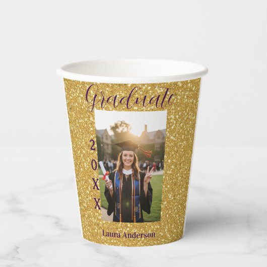 Gobelets En Papier Gold glitter photo graduation add name class text (Recto)