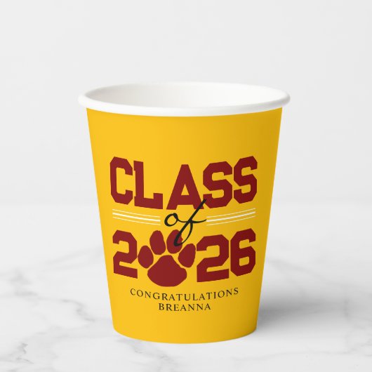 Gobelets En Papier Gold & Maroon Pawprint Classe de diplôme (Recto)