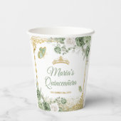 Gobelets En Papier Gold Quinceañera Sage Green Crown Butterfly (Verso)