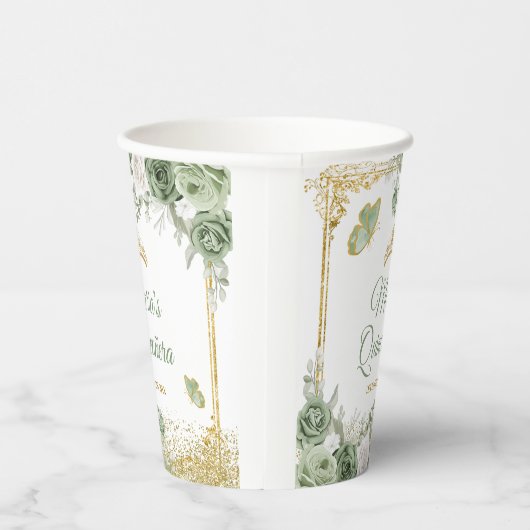 Gobelets En Papier Gold Quinceañera Sage Green Crown Butterfly (Droite)