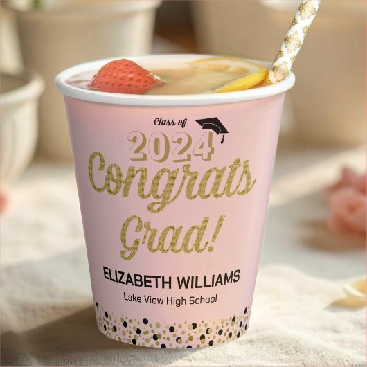Gobelets En Papier Gold Script Confetti Congrats Grad Rose