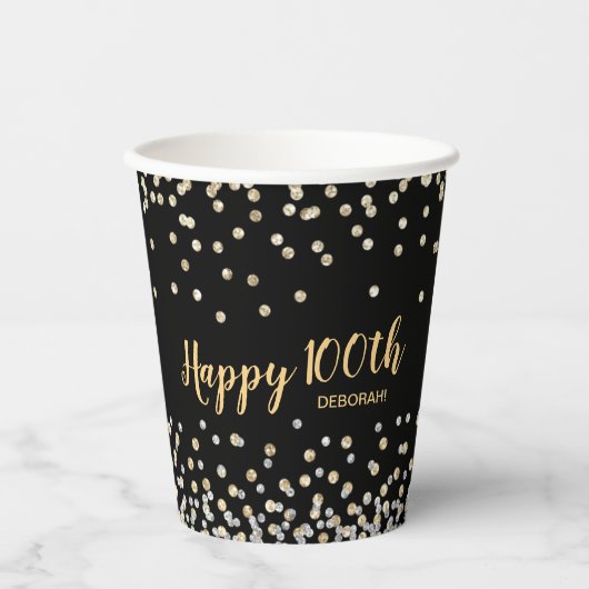 Gobelets En Papier Gold Silver Confetti 100e fête d'anniversaire (Recto)