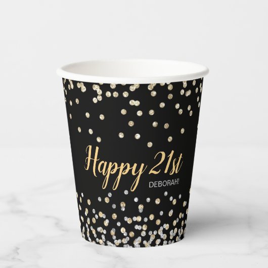 Gobelets En Papier Gold Silver Confetti 21e fête d'anniversaire (Recto)