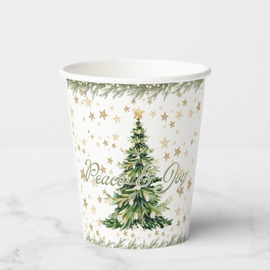 Gobelets En Papier Gold Stars Paix Et Joie Green Christmas Tree (Verso)