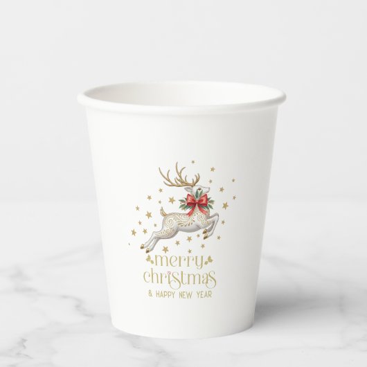 Gobelets En Papier Gold White Christmas Reindeer (Recto)