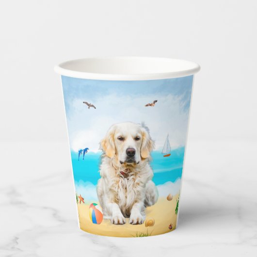 Gobelets En Papier Golden Retriever Dog sur la plage (Recto)