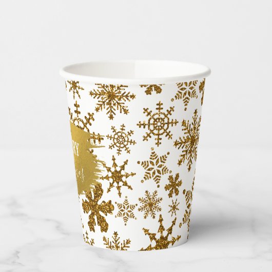 Gobelets En Papier Golden Sparkling Snowflakes Joyeux Noël (Gauche)