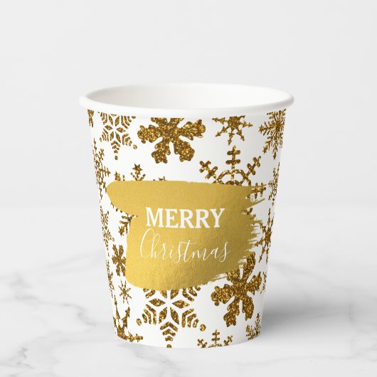 Gobelets En Papier Golden Sparkling Snowflakes Joyeux Noël (Recto)