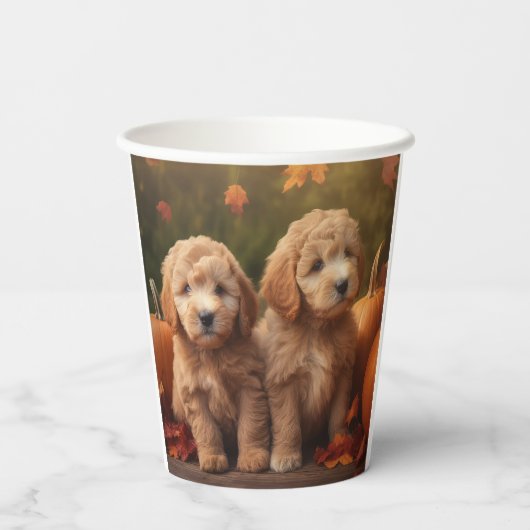 Gobelets En Papier Goldendoodle Chiot Automne Citrouille délice (Verso)