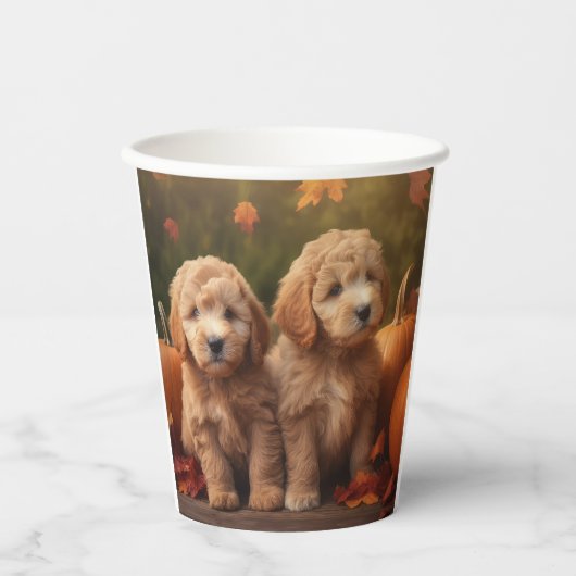 Gobelets En Papier Goldendoodle Chiot Automne Citrouille délice (Recto)