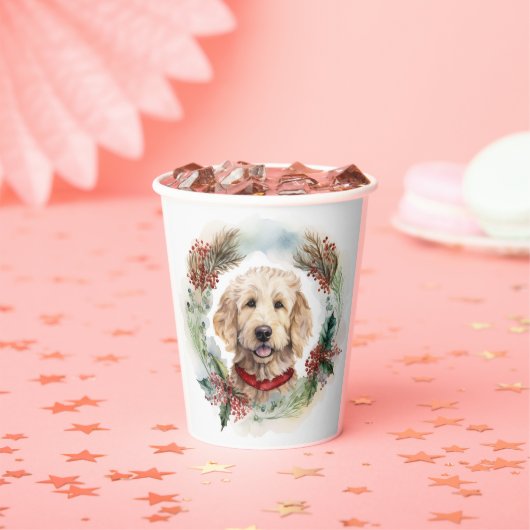 Gobelets En Papier Goldendoodle Christmas Wreath Festive Pup (Insitu)
