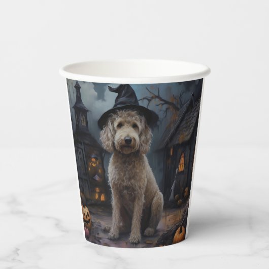 Gobelets En Papier Goldendoodle Citrouille Halloween effrayant (Verso)