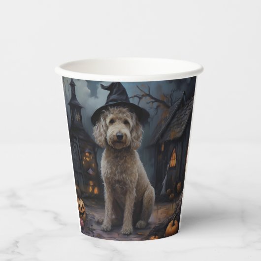 Gobelets En Papier Goldendoodle Citrouille Halloween effrayant (Recto)
