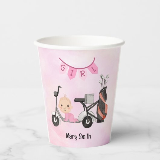 Gobelets En Papier Golf Baby Girl pour Baby shower sur rose (Recto)