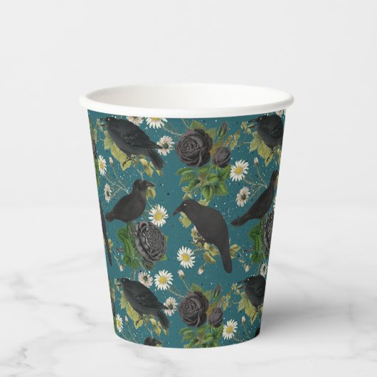 Gobelets En Papier Goth Crows et Roses noirs Profond Turquoise Motif (Recto)