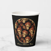 Gobelets En Papier Gothique Crâne Noir Rose Couronne Halloween Party (Recto)