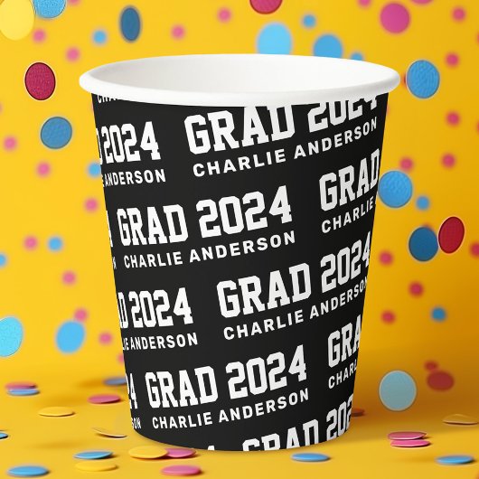 Gobelets En Papier Grad année 2024 nom du diplômé noir blanc