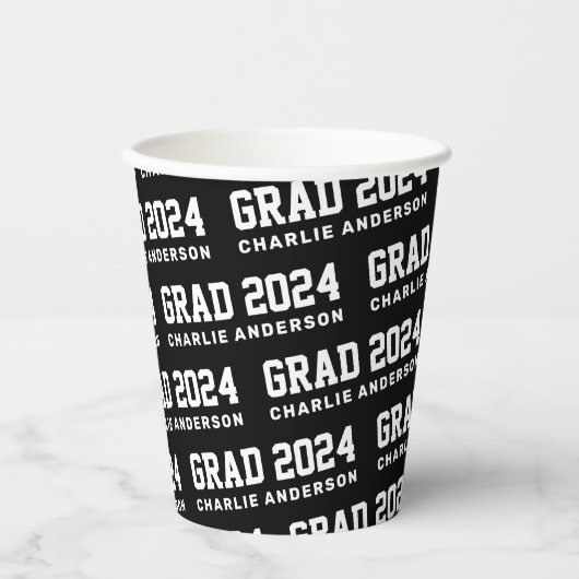 Gobelets En Papier Grad année 2024 nom du diplômé noir blanc (Recto)