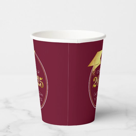 Gobelets En Papier Graduation 2025 Faux Metallic Gold Maroon (Droite)