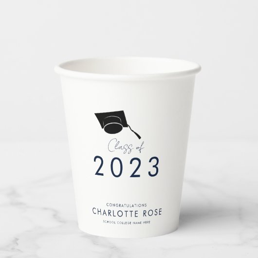 Gobelets En Papier Graduation 2025 Navy Blue Script Grad Party Paper (Recto)