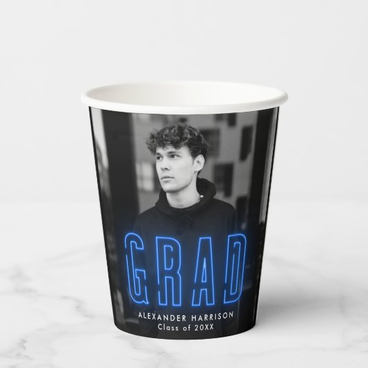 Gobelets En Papier Graduation moderne en néon bleu (Verso)