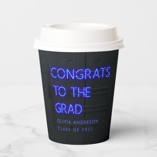 Gobelets En Papier Graduation néon bleu typographie moderne congrats (Verso)