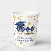 Gobelets En Papier Graduation Party Blue Gold Confetti Personnalisé (Recto)