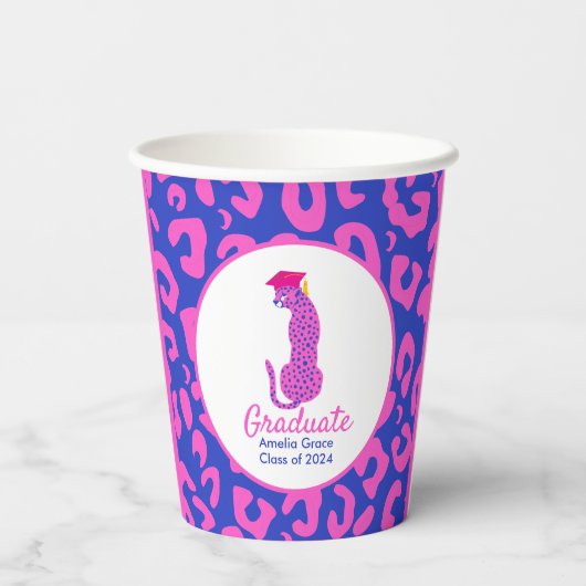 Gobelets En Papier Graduation rose et bleu léopard (Verso)