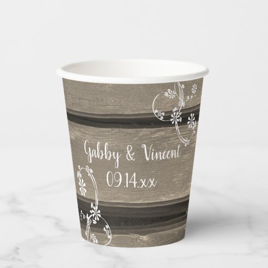 Gobelets En Papier Grange Rustique Bois Fleurs Blanches Mariage Champ (Recto)