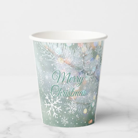 Gobelets En Papier Green Merry Christmas Snowflakes (Recto)