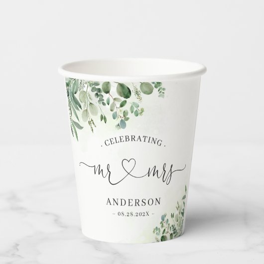 Gobelets En Papier Greenery Eucalyptus Mr & Mrs Heart Script Mariage (Verso)