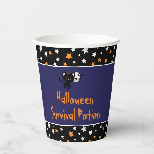 Gobelets En Papier Halloween Chat noir & Pleine lune Party (Recto)