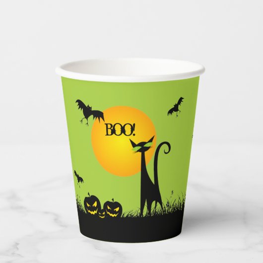 Gobelets En Papier Halloween en chats noirs et chauves-souris (Recto)