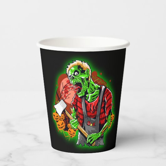 Gobelets En Papier Halloween Funny Green Zombie Ax sur (Verso)