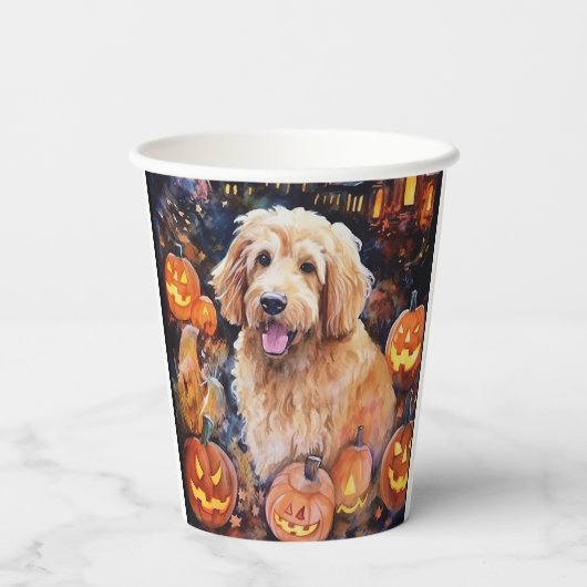 Gobelets En Papier Halloween Goldendoodle avec la peur Citrouille (Verso)