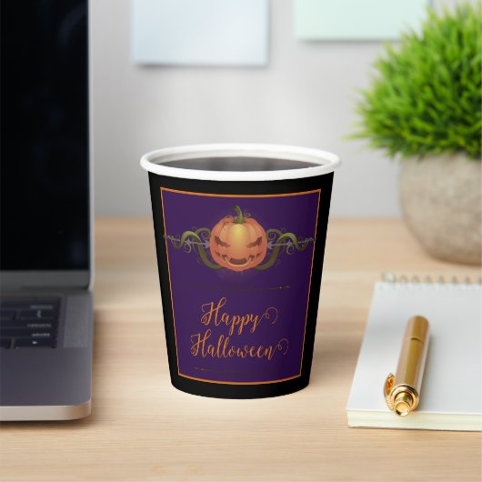 Gobelets En Papier Halloween Jack-o-lanterne effrayant | Noir (Insitu)