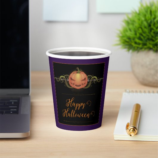 Gobelets En Papier Halloween Jack-o-lanterne effrayant | Violet (Insitu)