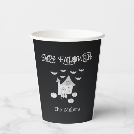 Gobelets En Papier Halloween la nuit avec Haunted House, chauves-sour (Verso)