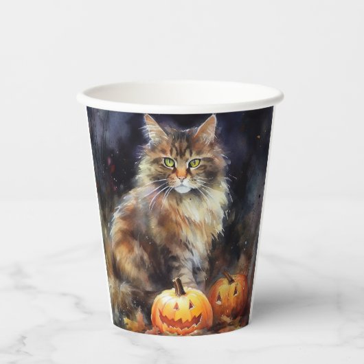 Gobelets En Papier Halloween Maine Coon Chat Avec Crainte Citrouille (Recto)