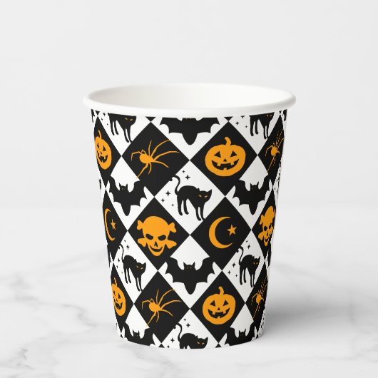 Gobelets En Papier Halloween noir blanc Orange arlequin Motif (Verso)