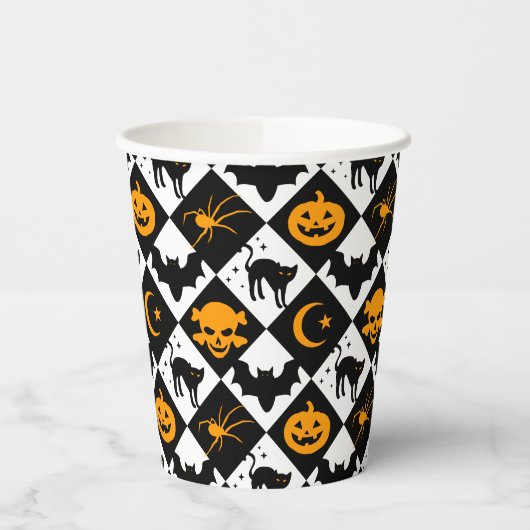 Gobelets En Papier Halloween noir blanc Orange arlequin Motif (Gauche)
