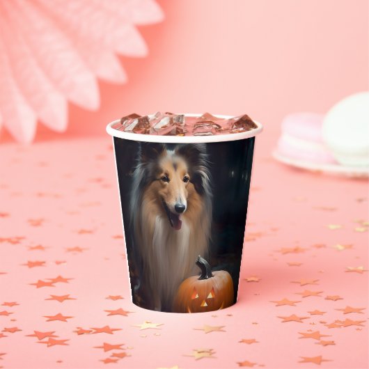 Gobelets En Papier Halloween Rough Collie Avec Citrouille effroi (Insitu)