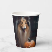 Gobelets En Papier Halloween Rough Collie Avec Citrouille effroi (Recto)